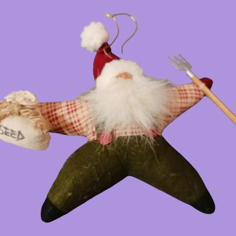 TJ  Santas Claus Farmer Ornament With Seed Bag & Pitchfork